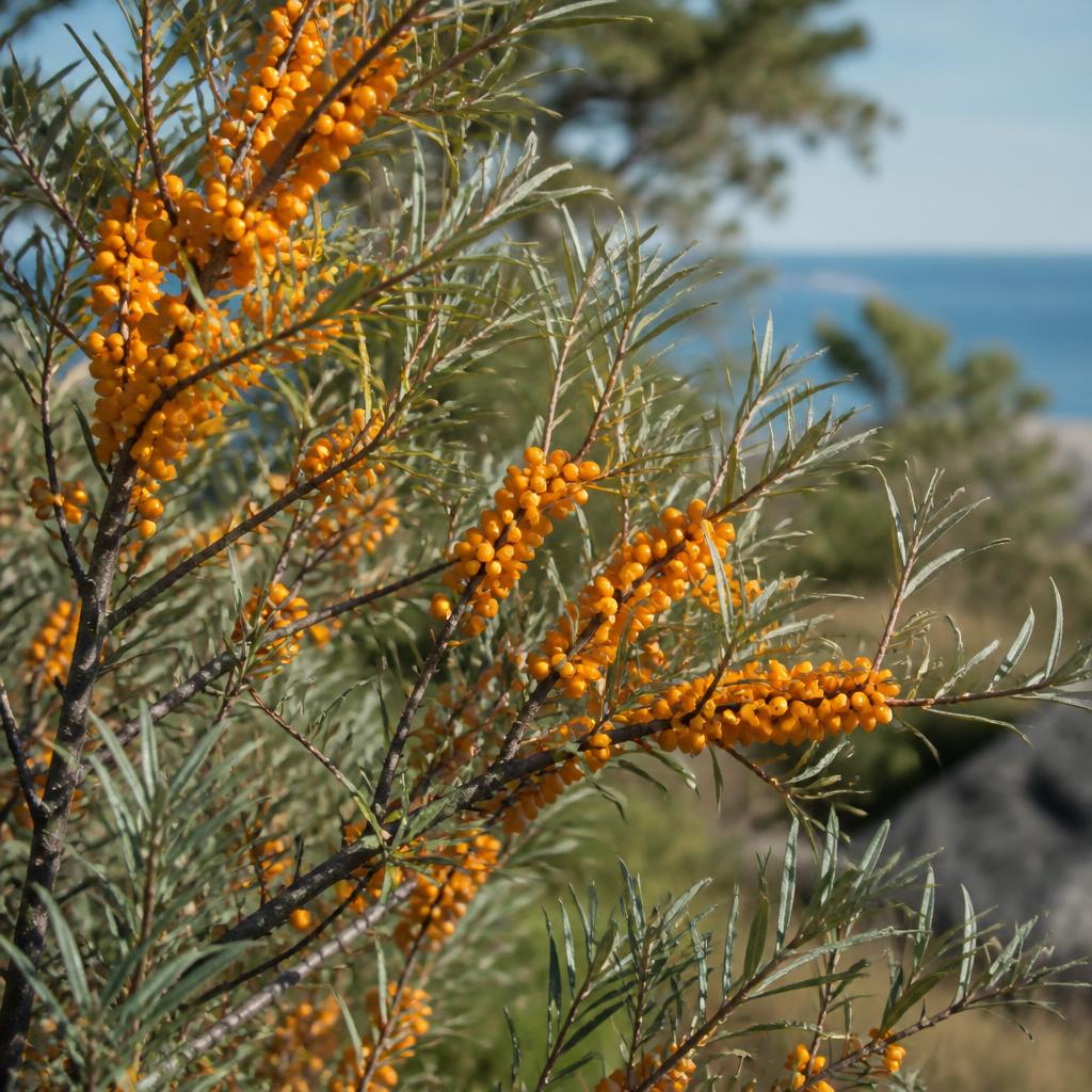 Havtorn (häck) (Hippophae rhamnoides) i etablerad trädgård