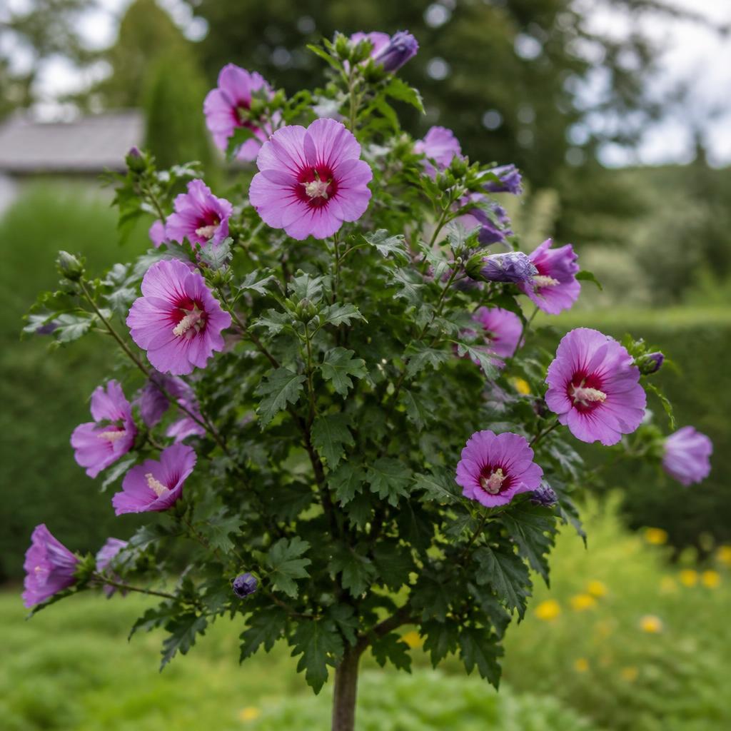 Trädgårdshibiskus (Hibiscus syriacus) etablerat i trädgård